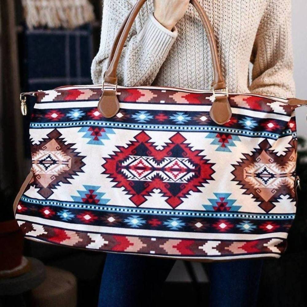 NEW GLITTERING SOUTH women's aztec print accents weekender bag in brown